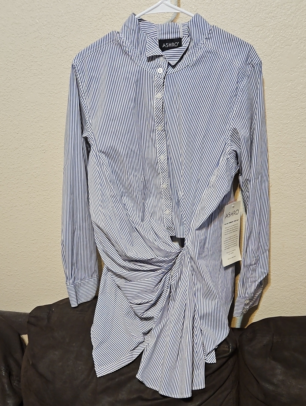 ASHRO Navy and White Pinstripe Twist-Front Button Down Shirt